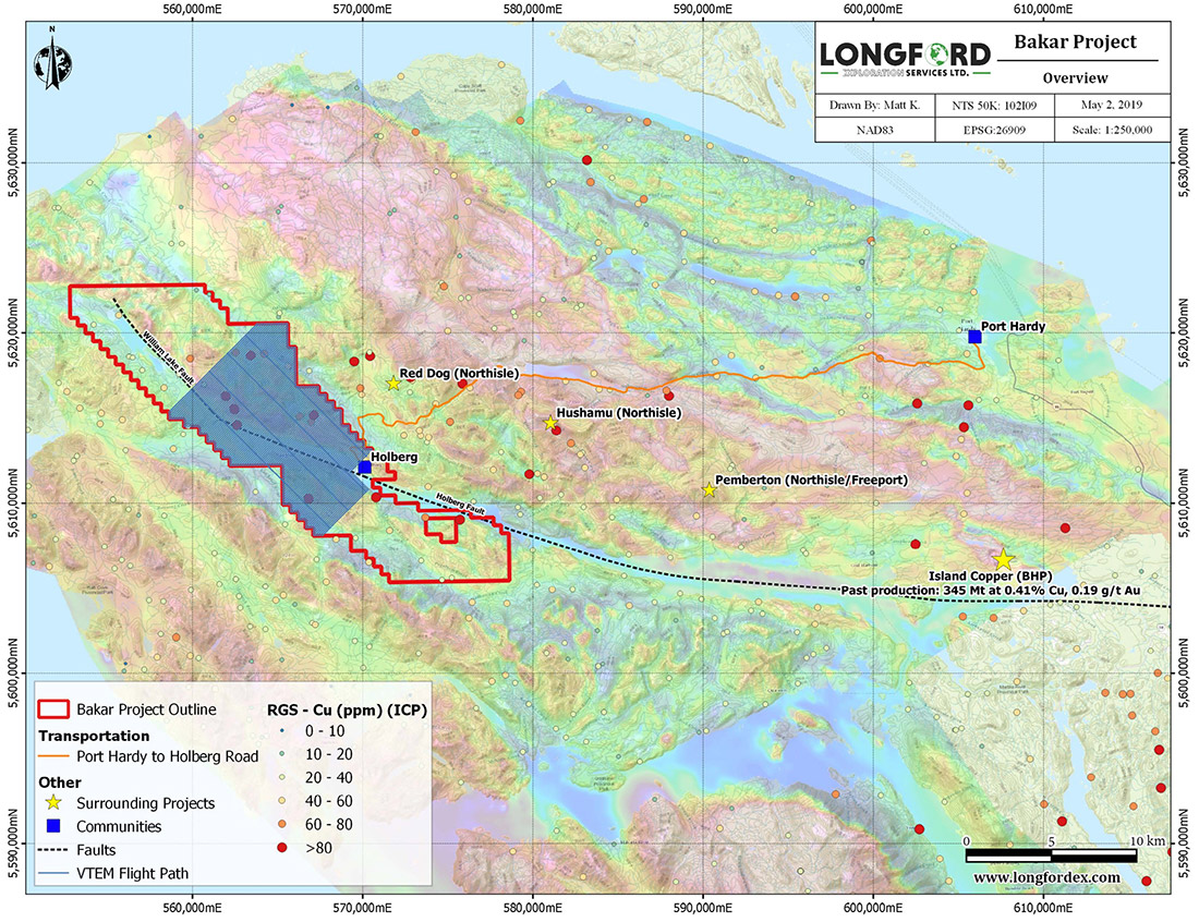 Figure 1: Location, Regional Compilation and VTEM Survey Grid for the Bakar Property