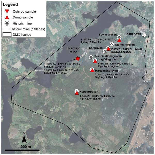 Rock Sample Locations and Assays on Svärdsjö Property